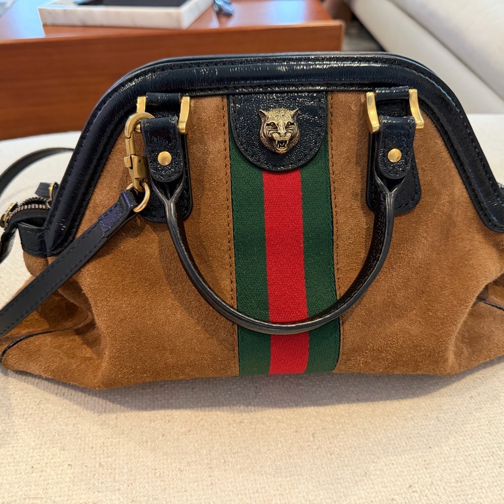 Gucci Tan and Black Satchel with Red and Green Stripe